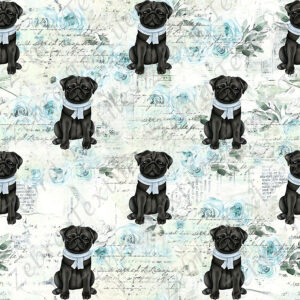 Pug noir et foulard bleu fond floral