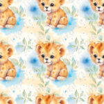 Bébé lion fond bleu et crème