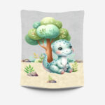 Dino aqua et arbre fond gris