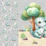 Dino aqua et arbre fond gris