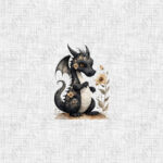 Dragon noir et fleur jaune fond lin gris