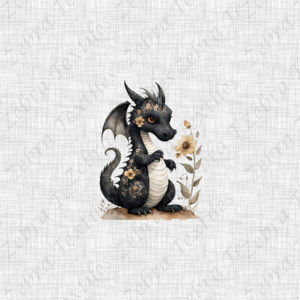 Dragon noir et fleur jaune fond lin gris