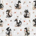 Dragon noir et fleur jaune fond lin gris