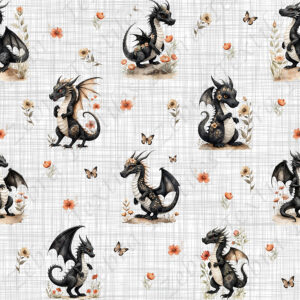 Dragon noir et fleur jaune fond lin gris
