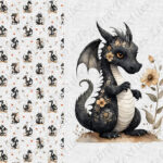 Dragon noir et fleur jaune fond lin gris Panneau doudou