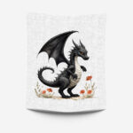 Dragon noir et fleur rouge fond lin gris Panneau doudou