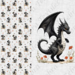 Dragon noir et fleur rouge fond lin gris Panneau doudou