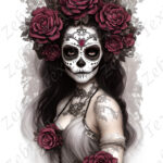 Femme skull chic fleur bourgogne fond blanc
