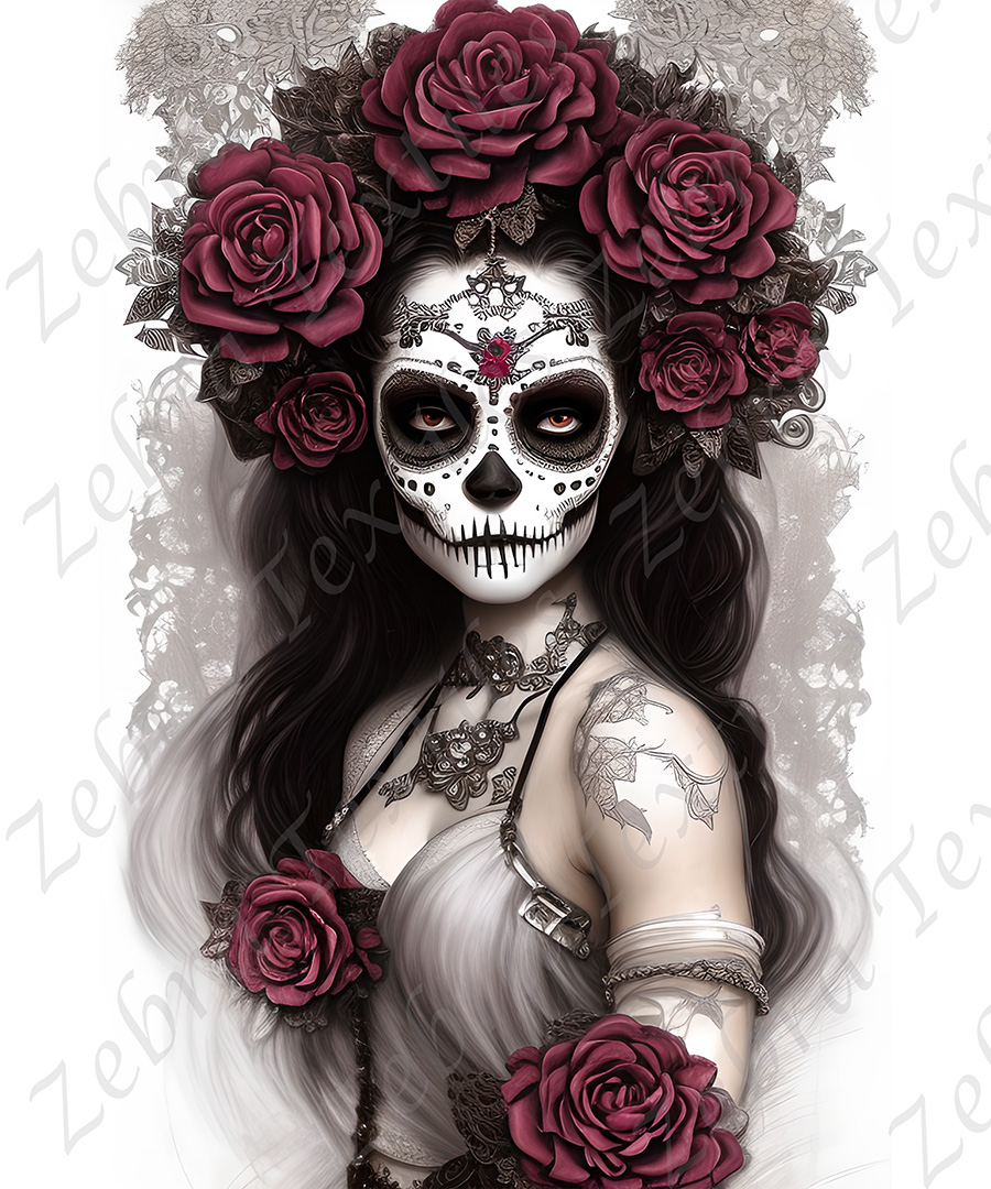 Femme skull chic fleur bourgogne fond blanc