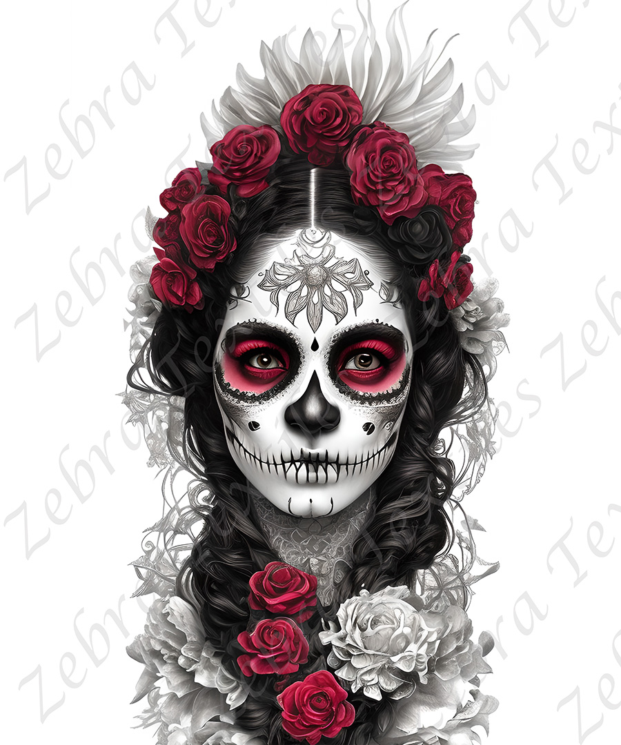 Femme skull fleur rouge fond blanc