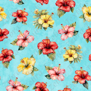 Hibiscus rouge et jaune fond aqua