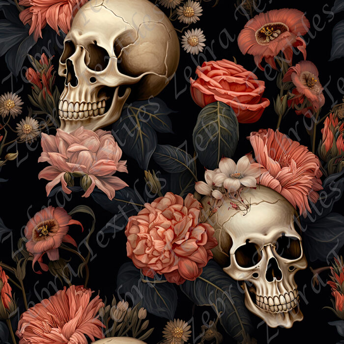Skull fleur rose et feuillage