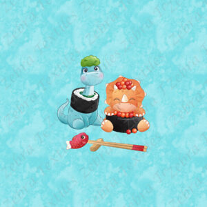 Dino sushi bleu et orangé fond aqua