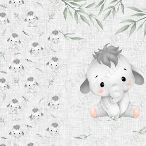 Éléphant et feuillage fond lin gris Panneau doudou