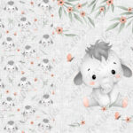 Éléphant et papillon rose fond lin gris Panneau doudou