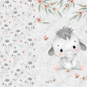 Éléphant et papillon rose fond lin gris Panneau doudou