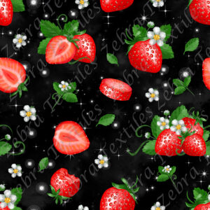 Fraise et feuille fond noir étoilé