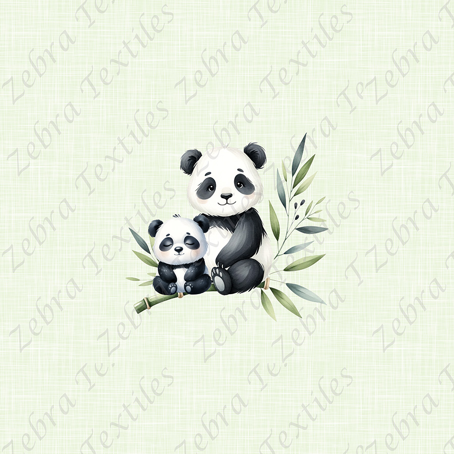 Panda bébé et bambou fond lin vert
