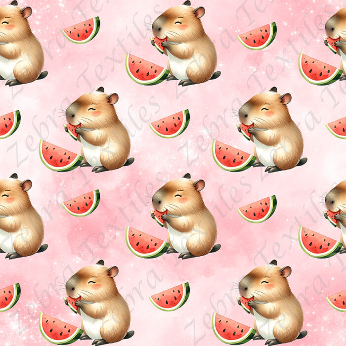capybara et melon fond rose