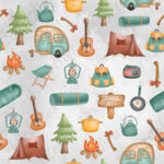 Camping aquarelle fond gris