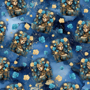 Femme élégante bleue et dorée fond bleu et or