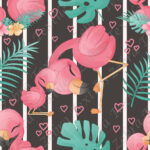 Flamant rose et bébé fond rayé et coeur