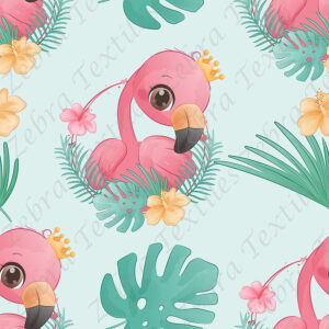 Flamant rose et hibiscus jaune fond bleu pâle