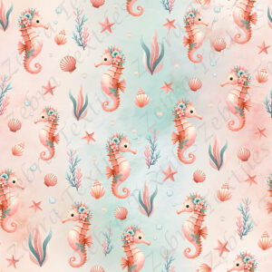 Hippocampe corail fond rose aqua