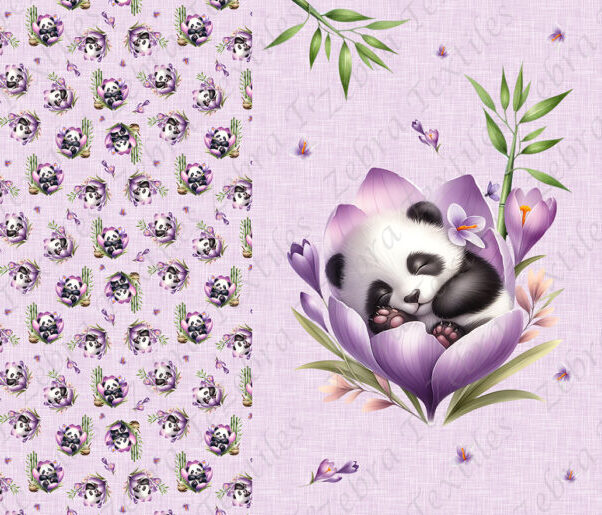 Panda dodo fleur mauve fond lin Panneau