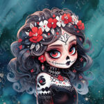 Skull fleur rouge et blanche fond aqua