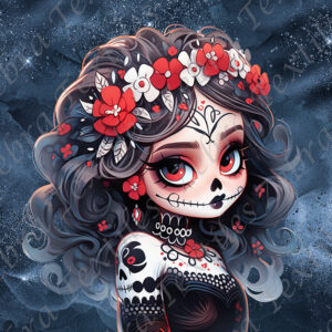 Skull fleur rouge et blanche fond bleu
