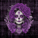 Skull floral mauve fond noir