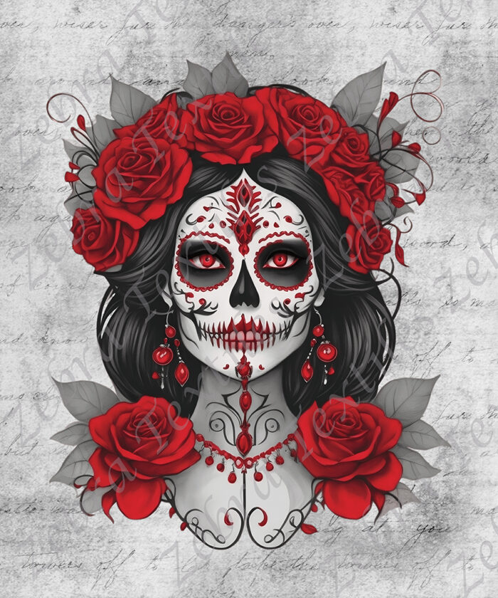 Skull floral rouge fond gris