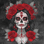 Skull floral rouge fond noir écriture