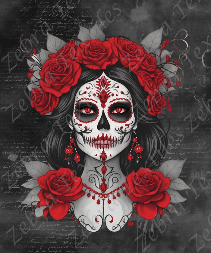 Skull floral rouge fond noir écriture