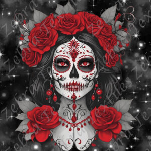 Skull floral rouge fond noir étoilé