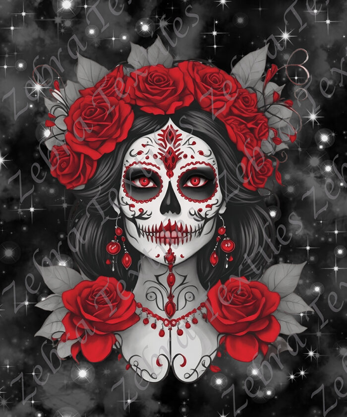 Skull floral rouge fond noir étoilé