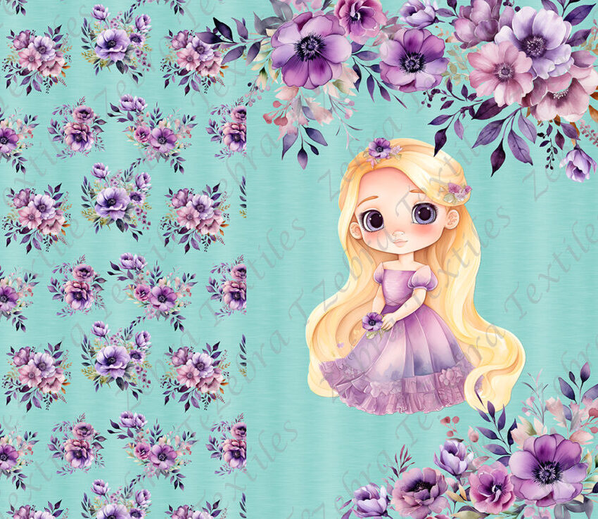 Princesse robe mauve et fleur fond turquoise Panneau doudou