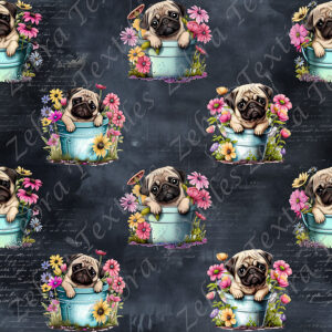 Pug dans pot de fleurs fond marine
