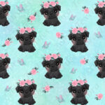 Pug noir et fleur rose fond aqua
