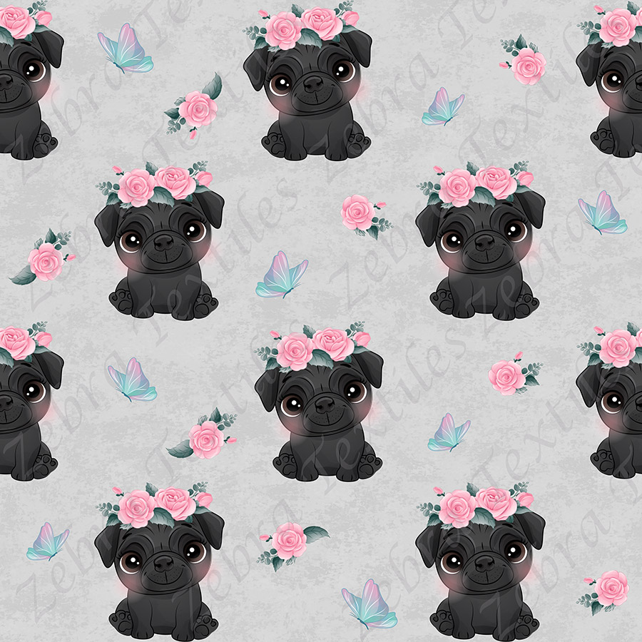 Pug noir et fleur rose fond gris