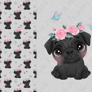 Pug noir et fleur rose fond gris