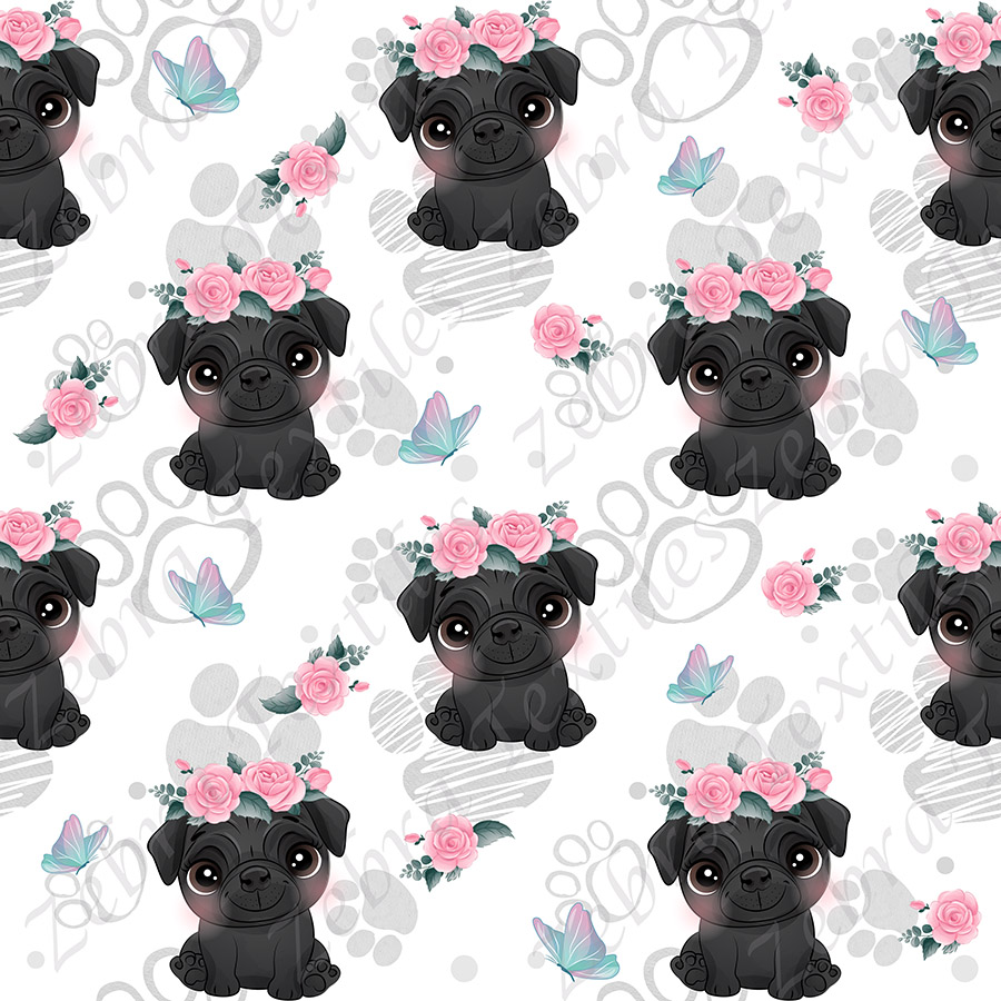 Pug noir et fleur rose fond patte