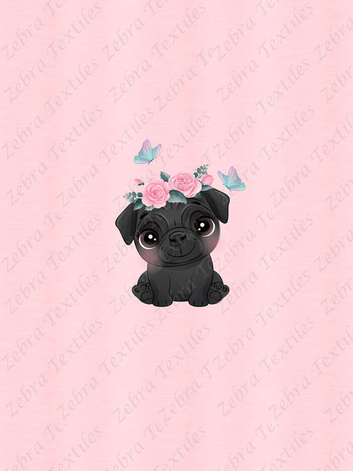Pug noir et fleur rose fond rose