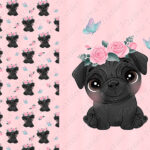Pug noir et fleur rose fond rose