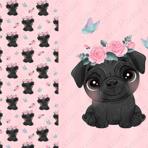 Pug noir et fleur rose fond rose