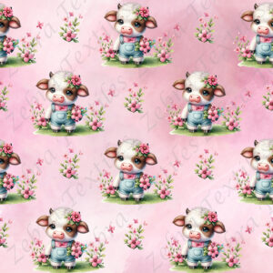 Vache brune et blanche floral fond rose