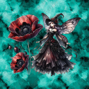 Fée et coquelicot fond aqua