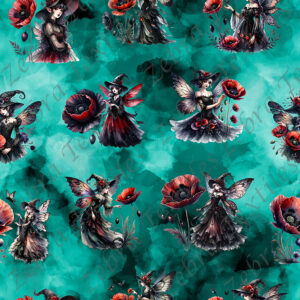 Fée et coquelicot fond aqua