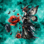 Fée et coquelicot rouge et noir fond aqua